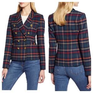 Halogen x Atlantic-Pacific Plaid Blazer Jacket Navy Blue Size 6 Double Breasted